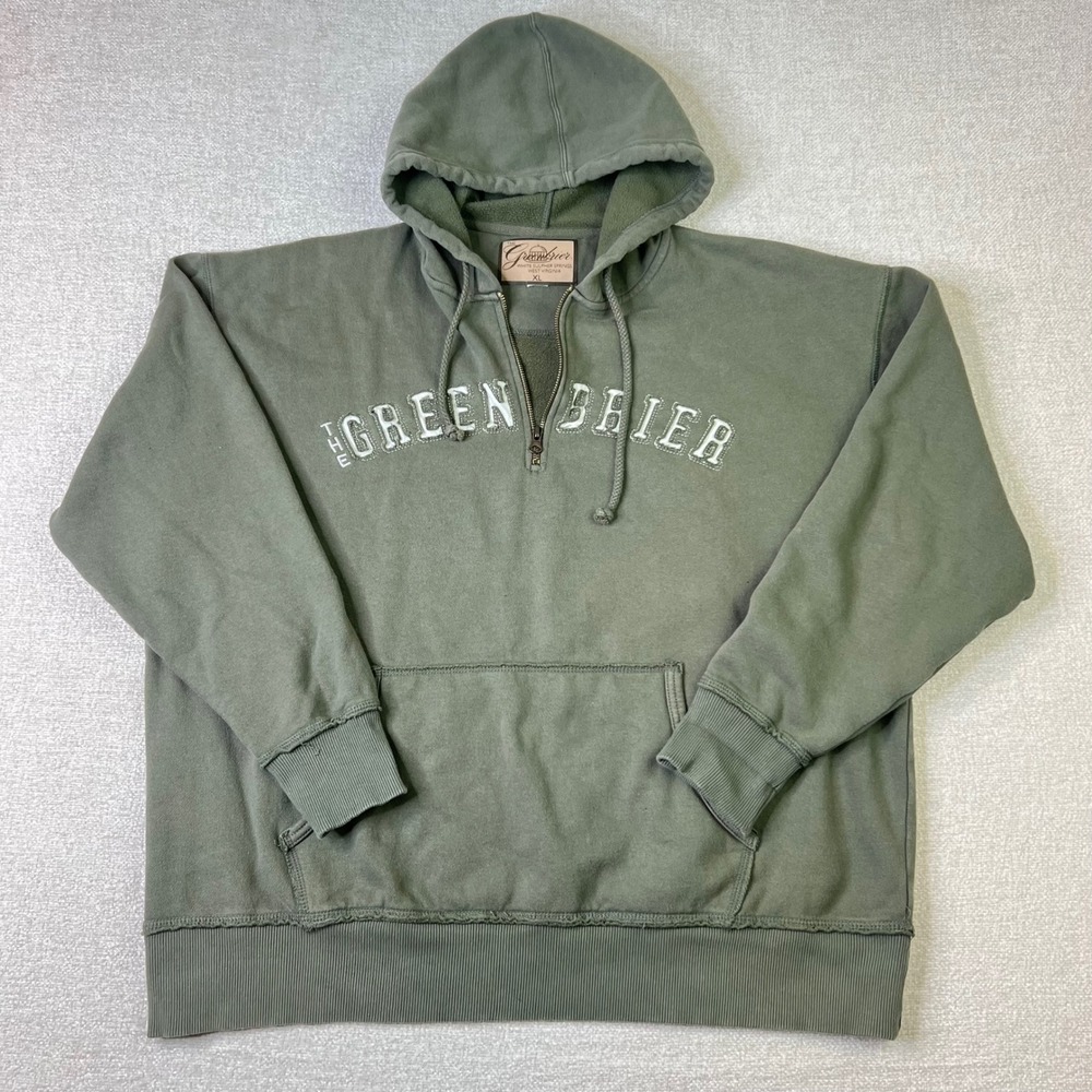 The Greenbrier Resort Quarter Zip Hoodie XL Olive Green Embroidered Distressed